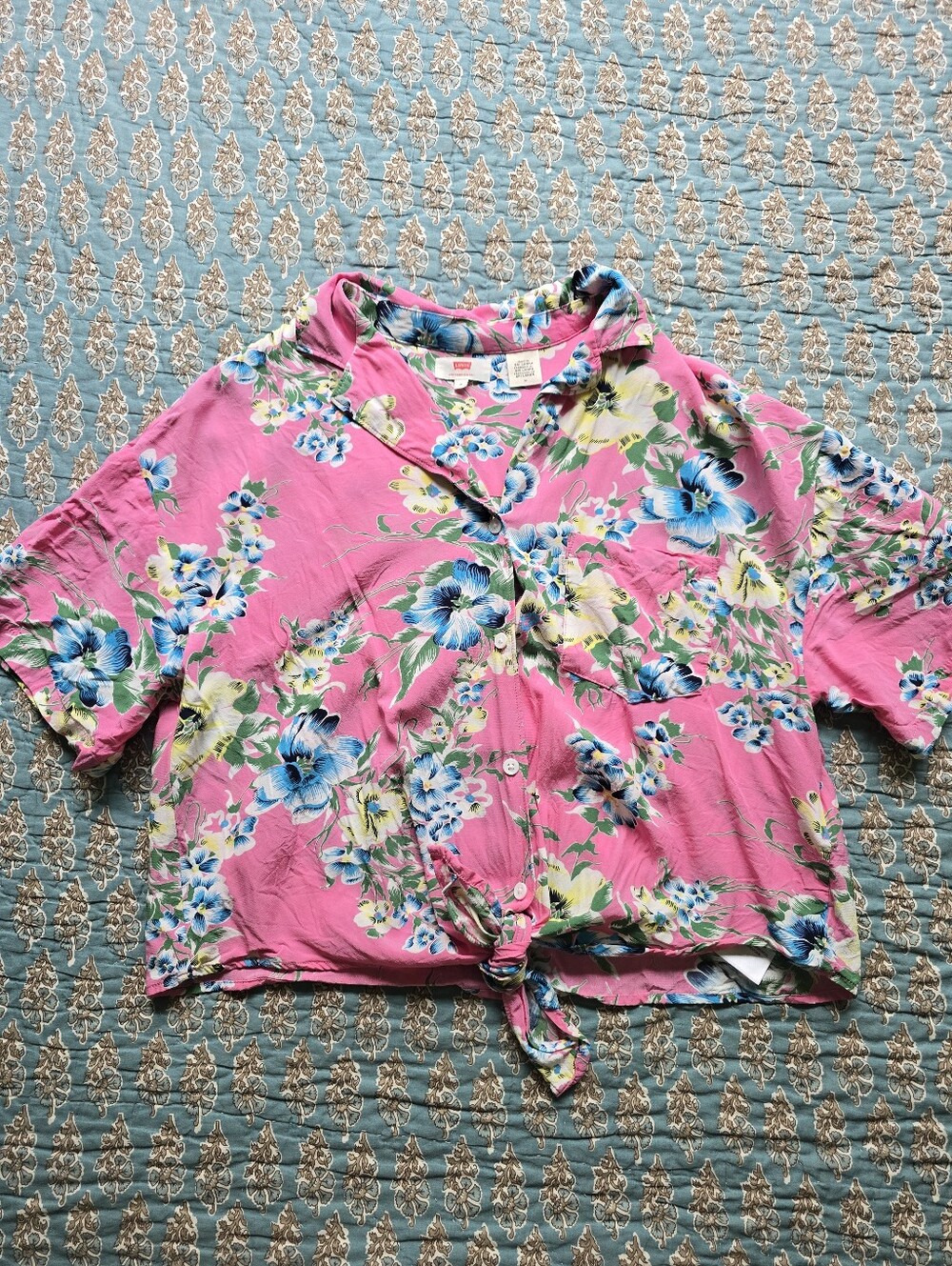 Levi's Viscose Tropical Floral Cropped Tie Front Top Women's Size Medium